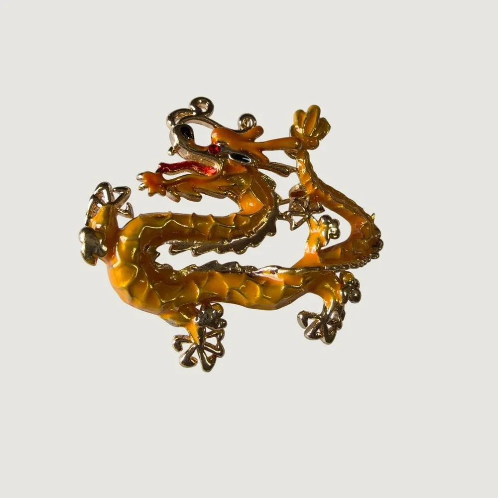 Vintage Orange Enamel Chinese Dragon Brooch Gold Tone Mythical Creature Pin 2